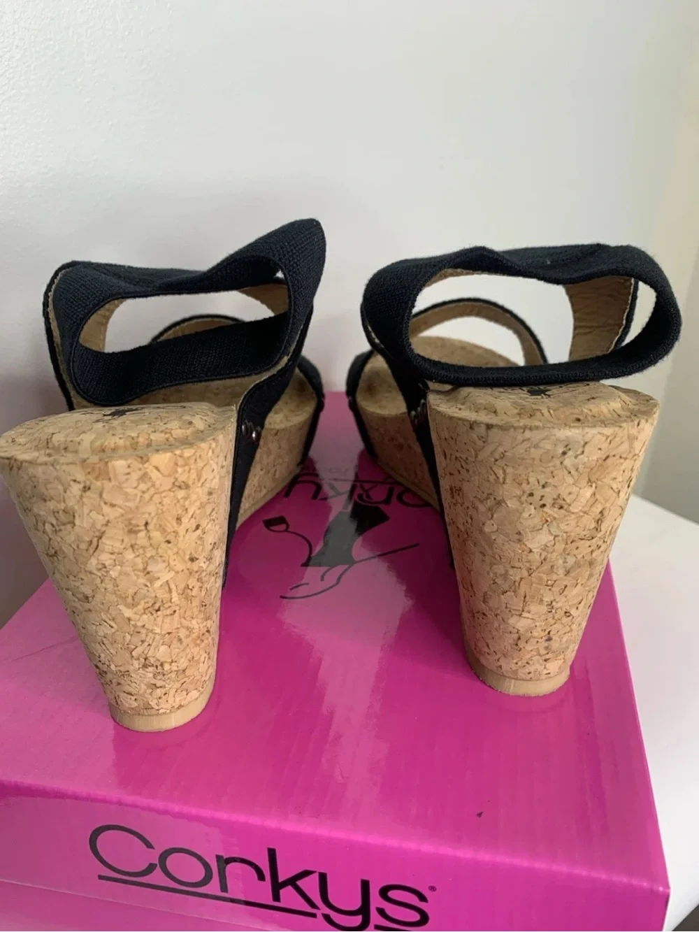 Corky’s Liberty Black Shoes Size 9 Platform Wedge Strappy Cork Sole New In Box